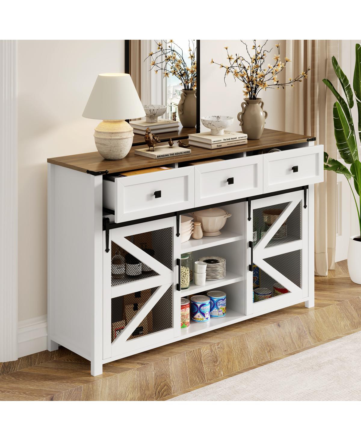 Streamdale Furniture 55" Sliding Barn Door Sideboard with 3 Drawers & Adjustable Shelves