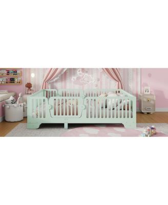 Full Montessori Floor Bed with Fence and Door, Mint Green