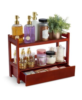 2-Tier Bamboo Counter Organizer with Drawer Bamboo for Vanity, Matcha Station, Bathroom Sink Organizer Countertop, Kitchen & Office Storage