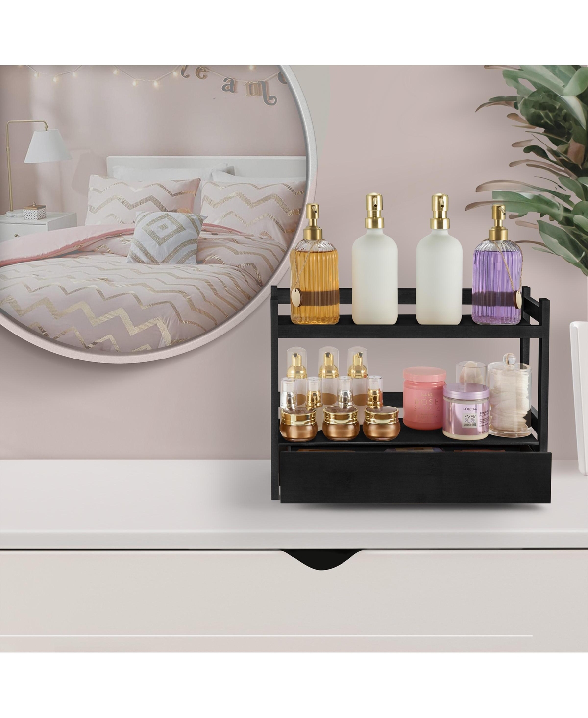 Sorbus 2-Tier Bamboo Counter Organizer with Drawer for Vanity, Matcha Station, Bathroom Sink Countertop, Kitchen & Office Storage