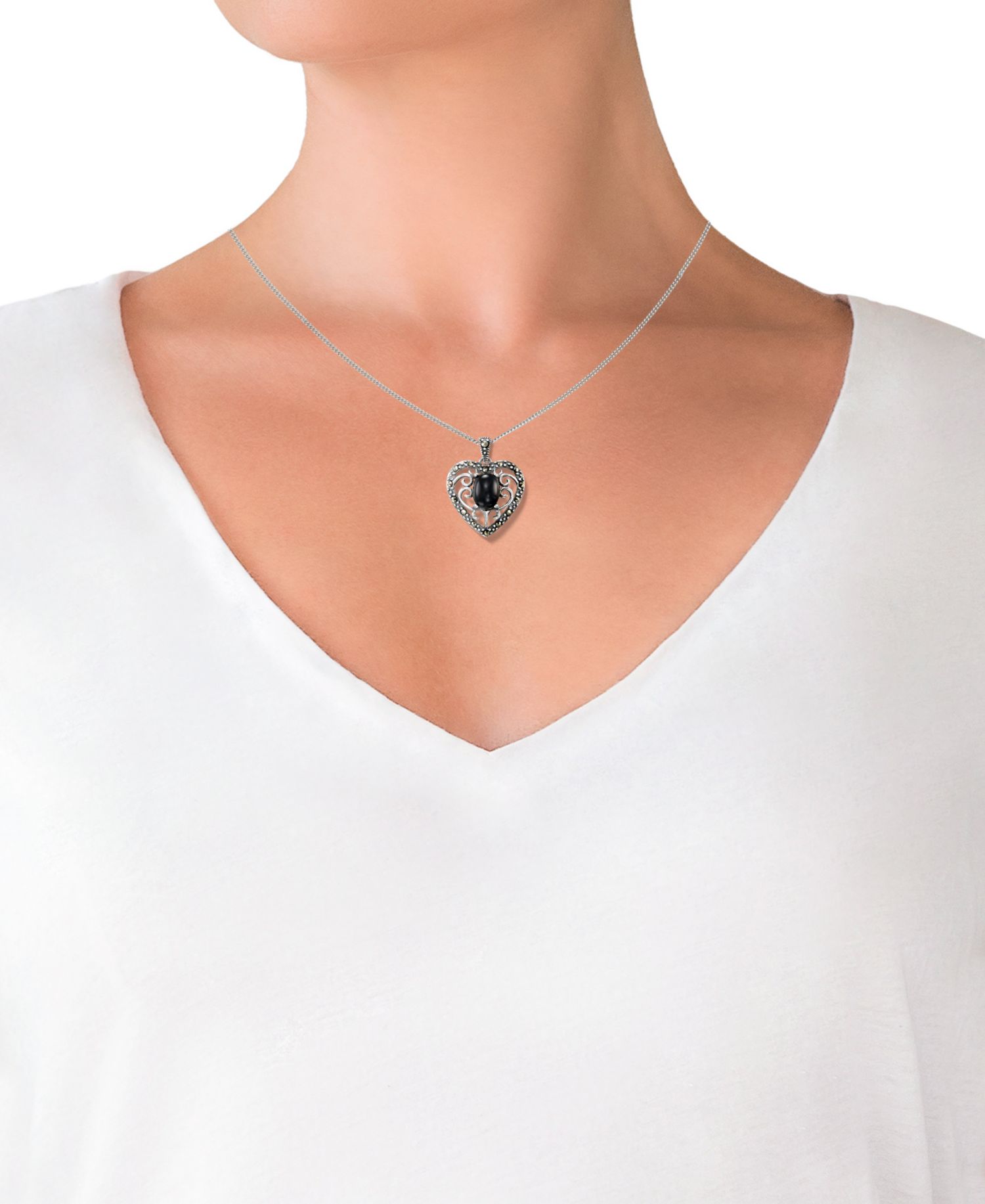 Marcasite (0.17 ct. t.w.) and Faceted Onyx (1-1/4 ct. t.w.) Heart Pendant Necklace in Sterling Silver