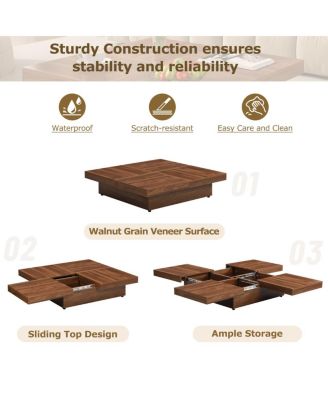 Square Veneer Coffee Table Sliding Top with Storage in Walnut 39.4"