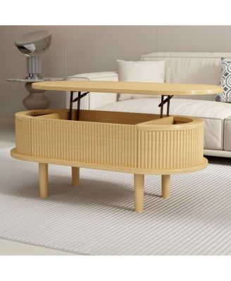 Fluted Lift Top Coffee Table with Hidden Compartment, Modern Oval Lift Tabletop