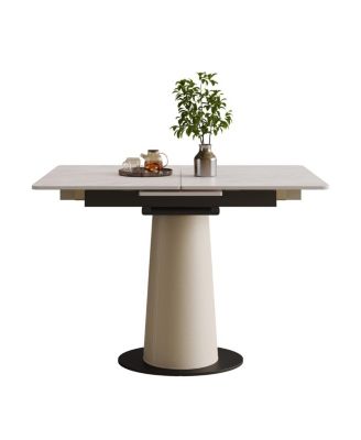 Retractable Rock Slab Folding Dining Table, Modern Expandable Table with Leather Base