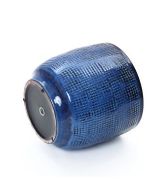 12-Inch Round Ceramic Planter, Deep Blue Glaze with Basket Texture