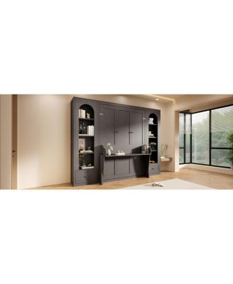 Queen Size Murphy Platform Bed with Shelf, Side Cabinets, Drawers and LED