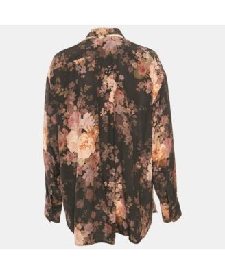 Women's Black Floral Print Silk Neck Tie-Up Button Front Blouse