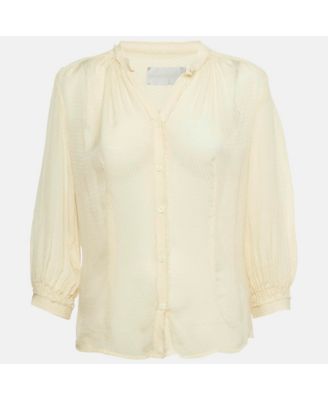 Women's Deluxe Cream Patterned Silk Tack Dob Blouse