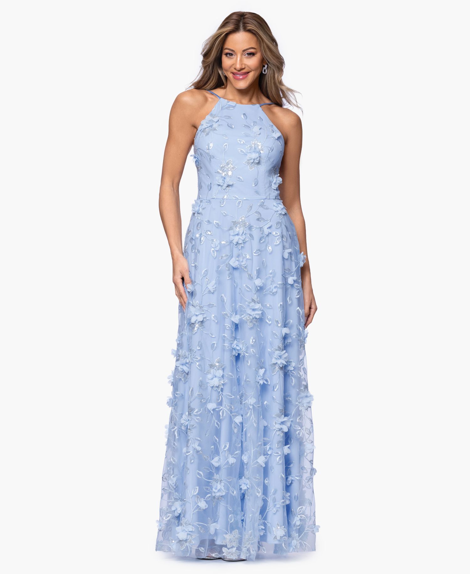 Petite 3D Sequin Halter Neck Gown