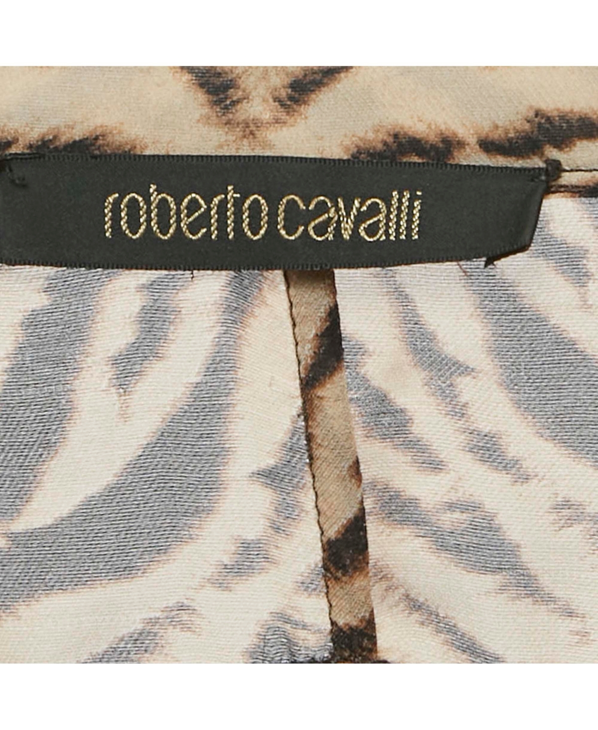 Pre-Owned Roberto Cavalli Women's Brown Tiger Printed Silk Tie Up Detail Top