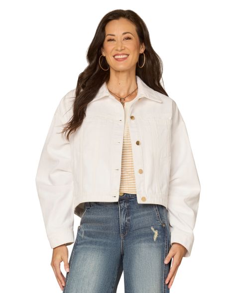 Женские куртки Democracy Petite Oversized Barrel Sleeve Collared Optic White Denim Jacket