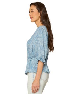 Petite Below-Elbow Lantern Sleeve V-Neck Top