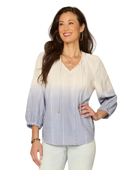 Petite Split Neck Woven Top - White/Blue