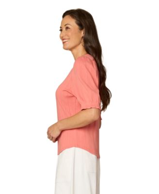 Petite Elbow Puff Sleeve Mandarin Collar Knit Top