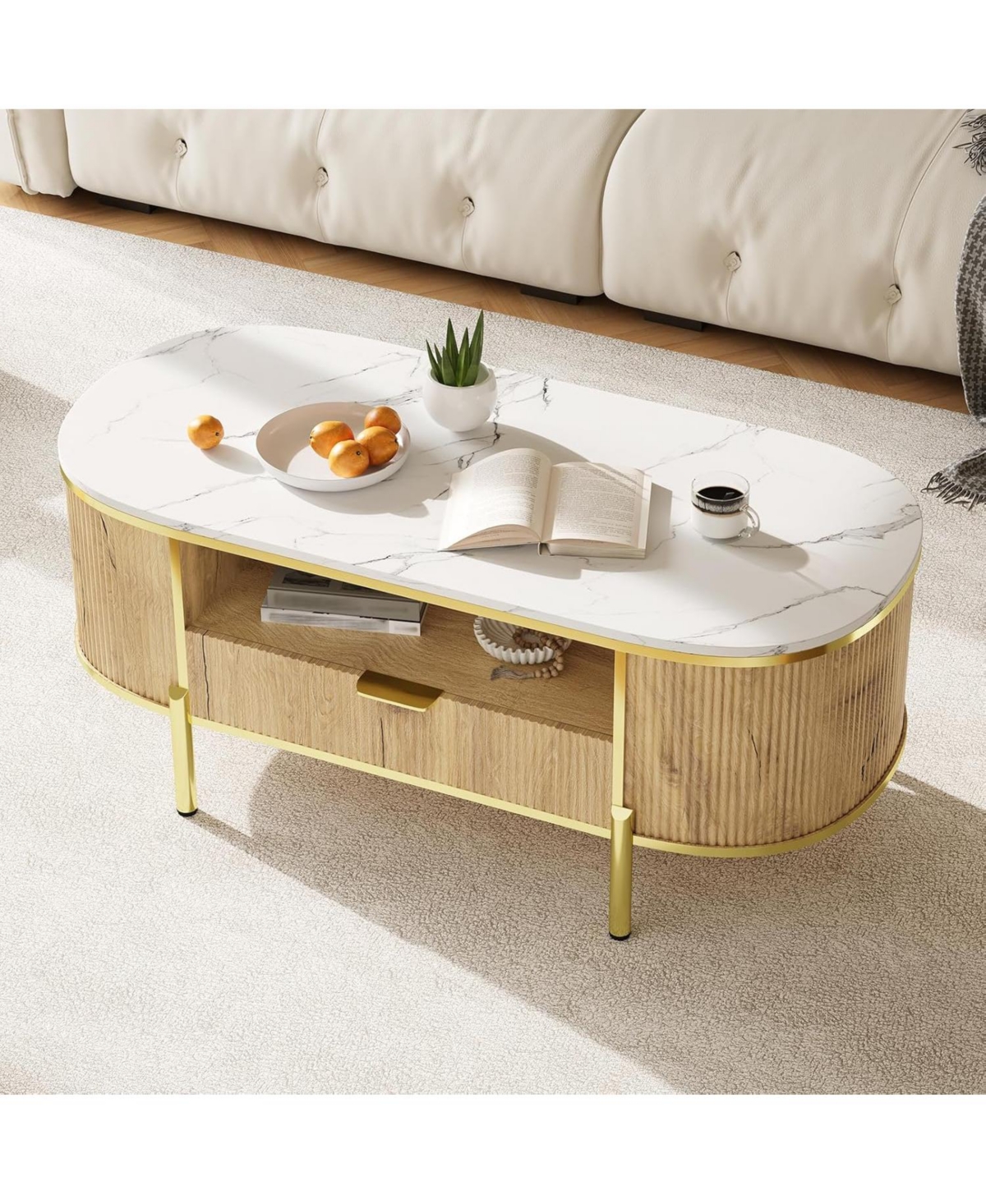 gaomon 48" Oval Coffee Table with Fluted Design & Faux Marble Top, Modern Luxury Center Table with Drawers for Living Room