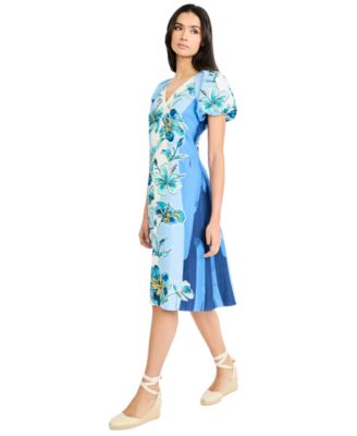 Women's Puff-Sleeve V-Neck Midi Dress