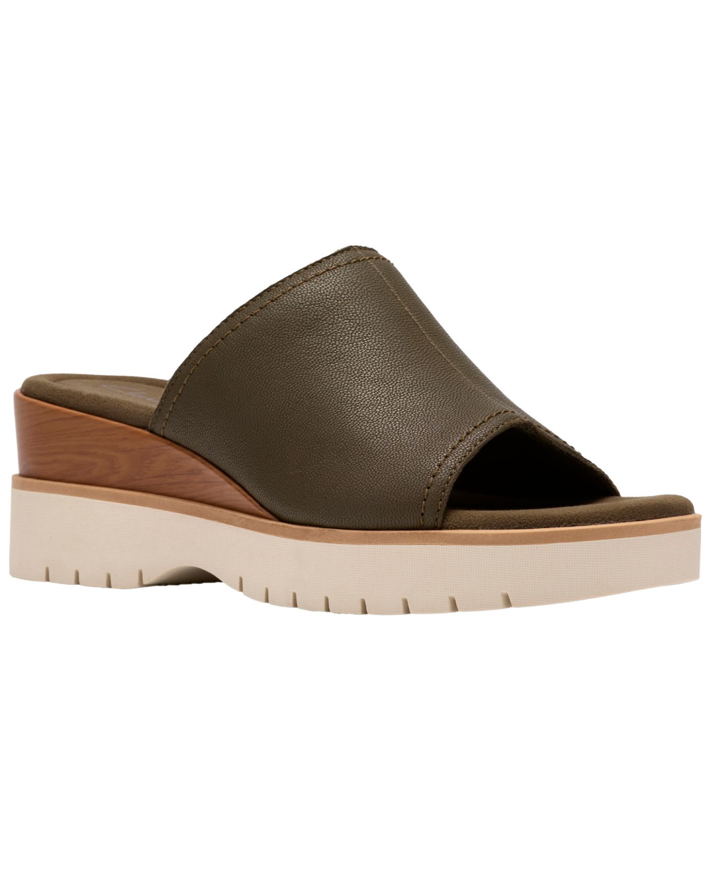 Женские сандалии Clarks Diaz Slide Open Toe Wedge, цвет: Тёмный оливковый кожаный — фото 1