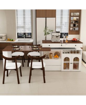 Kitchen Island Set with 4 Chairs, Extendable & Rotating Table, Retro Design