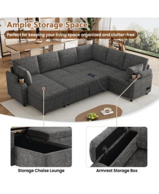 Beige/Grey 110 Inch U shaped Sectional Sofa Bed with Storage Cup Holders Charging Ports