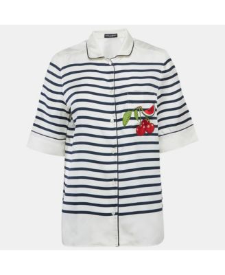 Women's Ivory Striped Silk Short Sleeve Shirt