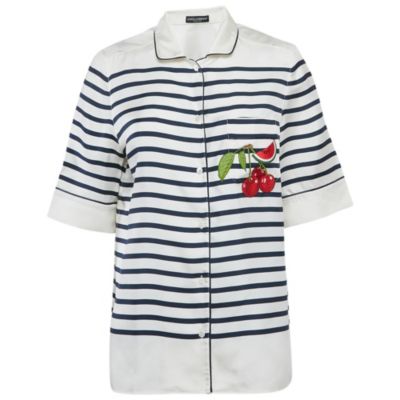 Pre Owned Dolce Gabbana Women s Ivory Striped Silk Short Sleeve Shirt 