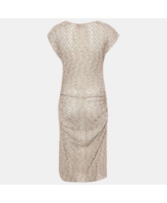 Women's Beige Lurex Knit Ruched Maxi Dress