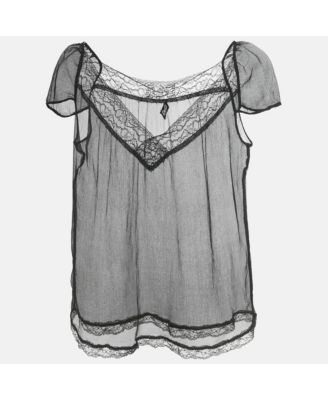Women's Black Silk Chiffon Lace Trim Sheer Top