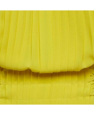 Women's Yellow Silk Puff Sleeve Pleated Mini Dress