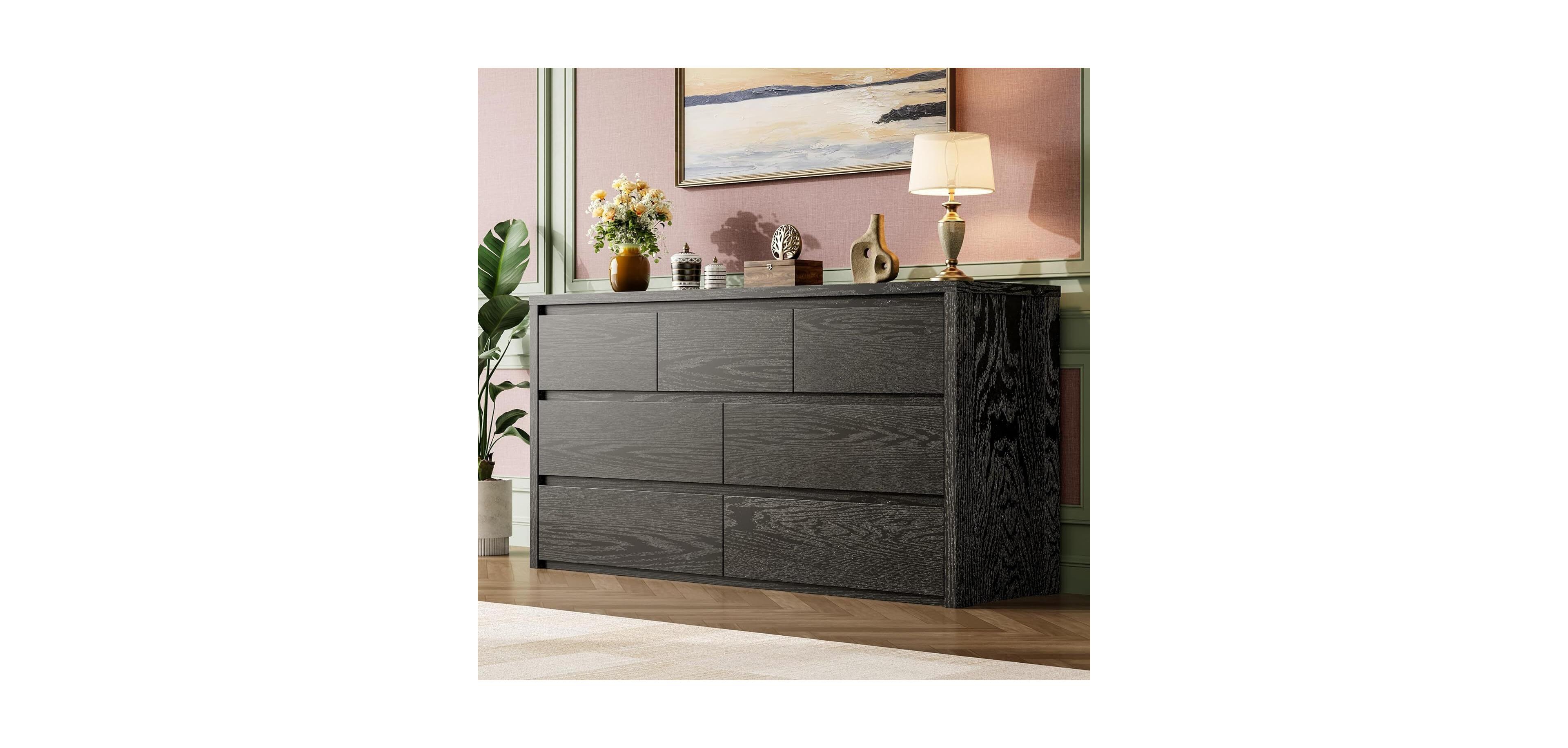 gaomon 7-Drawer Dresser for Bedroom, Wide Handle-Free Wooden Chest of Drawers, Black