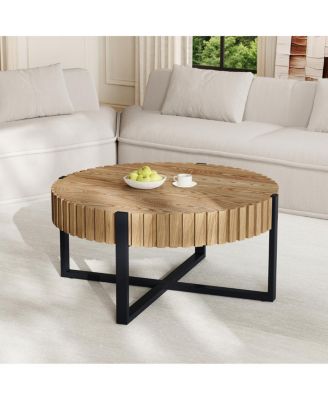 Round Handcraft Drum Coffee Table with Gear Design & Cross Metal Base, 31.5" Modern Compact Table