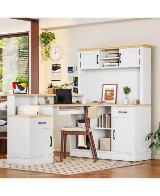 L-Shaped Computer Desk with Outlet, Drawers, Bookshelf, White