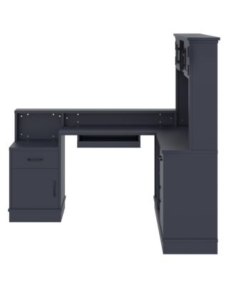 L-Shaped Computer Desk with Outlet, Drawers, Bookshelf, Blue