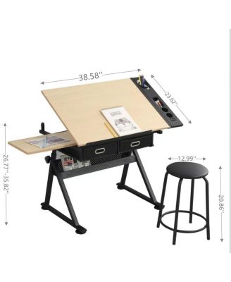 Adjustable Drawing Drafting Table Desk with 2 Drawers & Stool (Maple)