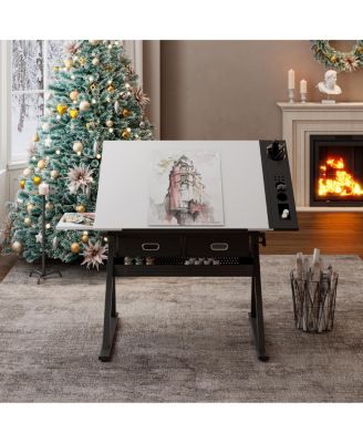 Adjustable Drawing Drafting Table Desk with 2 Drawers & Stool (White)