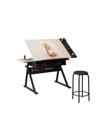 Adjustable Drawing Drafting Table Desk with 2 Drawers & Stool (White)