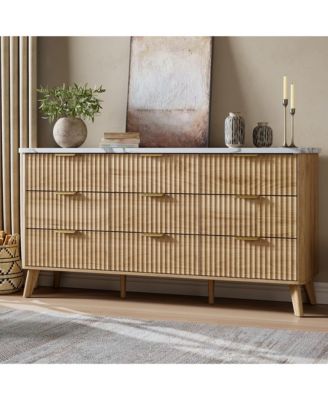 Fluted Dresser for Bedroom, 9 Deep Drawer Modern Wood Storage Chest, Beige