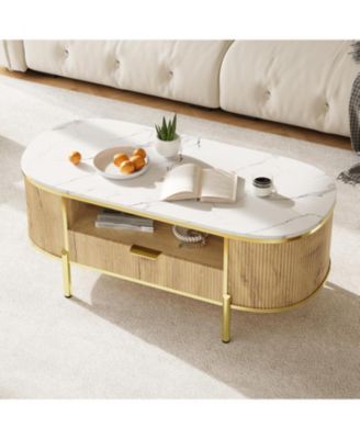 48" Oval Coffee Table with Fluted Design & Faux Marble Top, Modern Center Table with Drawers