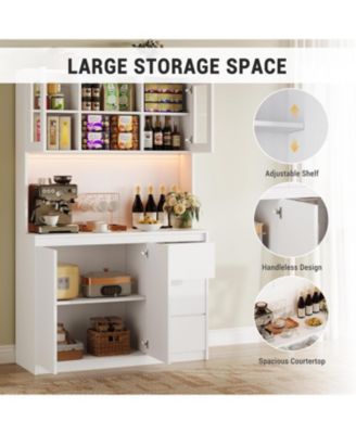 Kitchen Pantry Cabinet with Charging Station, Tall Storage Cabinet with Countertop, Drawers and Glass Doors