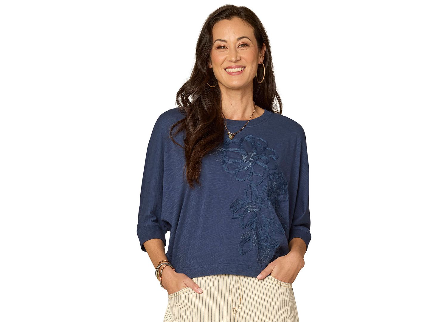 Petite Dolman-Sleeve Embroidered Top