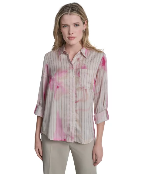 Petite Woven Roll Tab Button-Front Shirt - Pink