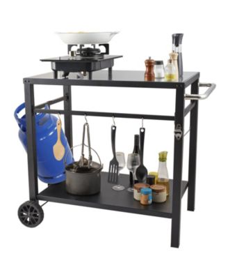 Outdoor Grill Dining Cart, Double Shelf, Iron Top, 2 Wheels, Carry Handle, Food Prep Table