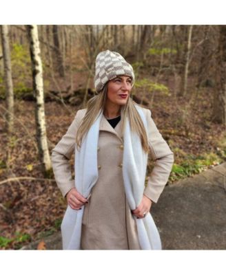 Women's Two-Tone Checkerboard Knit Beanie - Cream + Brown