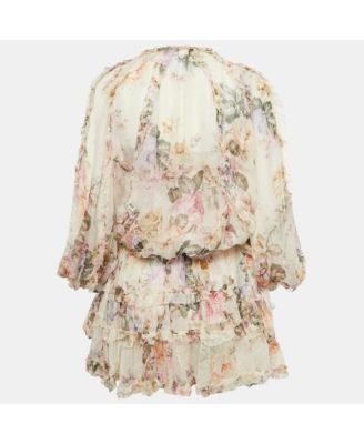Women's Beige Floral Print Silk Tiered Mini Dress