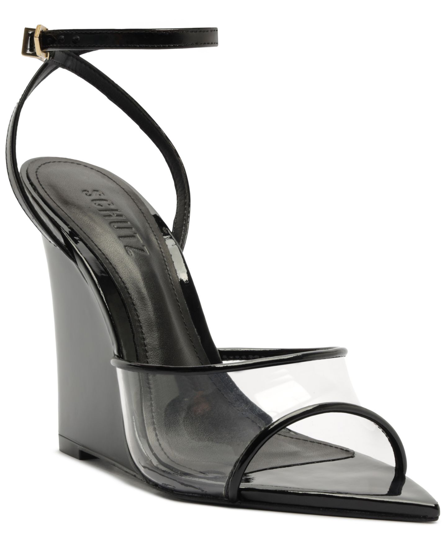 Женские сандалии Schutz Elodie Vinyl Pointed Toe Wedge, цвет: Прозрачный / Чёрный — фото 1