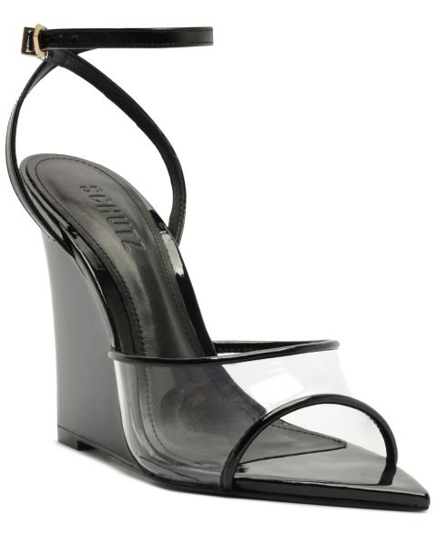 Женские сандалии Schutz Elodie Vinyl Pointed Toe Wedge, цвет: Прозрачный / Чёрный