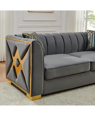 Streamdale Velvet Button Tufted Sofa Couch with 2 Pillows, 3 Seater Chesterfield Sofa Set, Gray