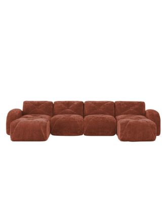 U-Shaped Boneless Sofa, Tufted, 32D Sponge, Anti-Slip, Red Brown
