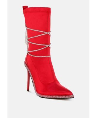 Womens Dacia Rhinestones Strap Satin Calf Boots