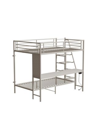  White full size bunk bed with twin size, LED light and charging socket