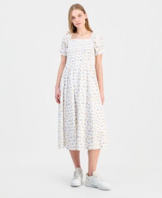 Juniors' Textured Floral Printed Puff-Sleeve Midi Dress